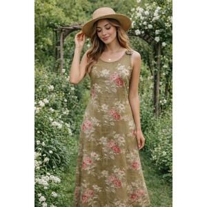 Vintage Laura Ashley Linen Floral Maxi Dress Womens 8 Cottagecore Prairie 80s